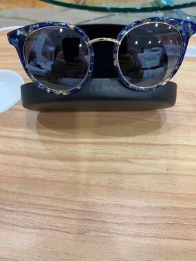 Balmain Blue Tortoiseshell Round Sunglasses with Gold Bridge